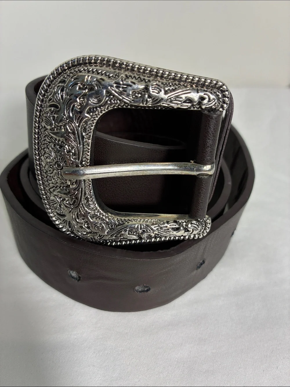 Womens belt 47” long faux Leather Western chocolate brown carved Silver Buckle